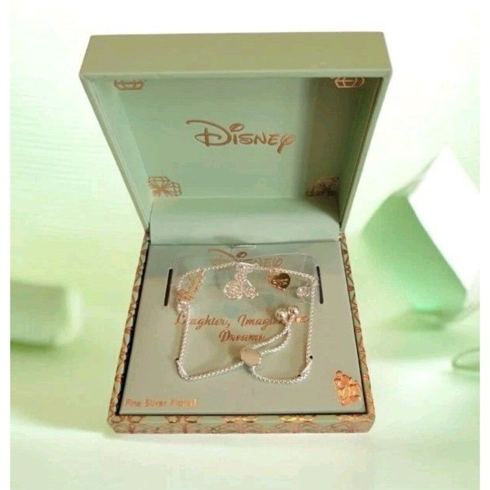 Mickey Mouse Chrystal Charm Bracelet Adjustable Slide Fine Silver Plated NIB